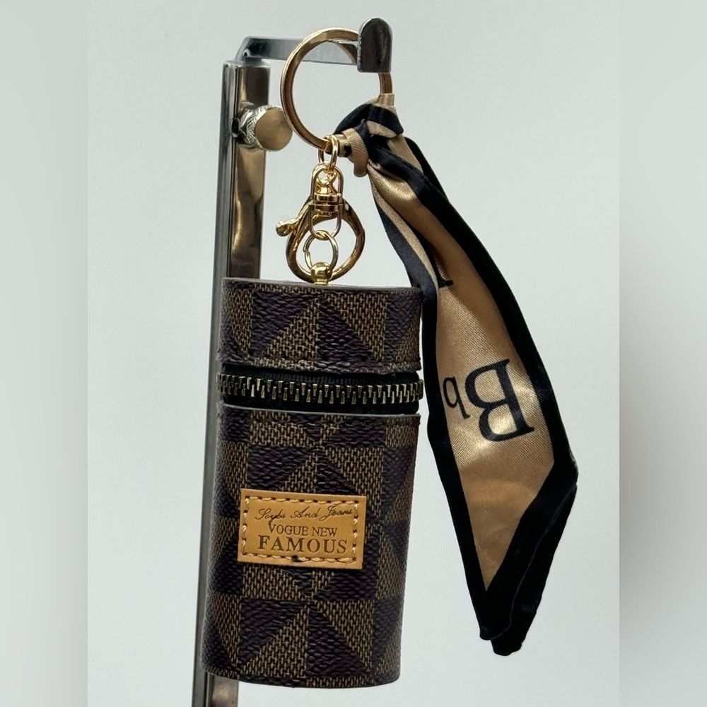 NIP Brown Leather Bag Charm Lipstick Holder Coin Pouch Key Ring Mini Wallet - Picture 4 of 5